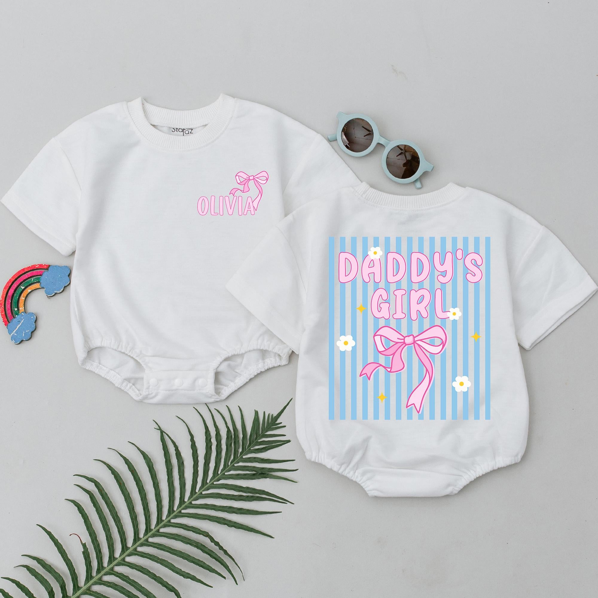 Daddy's Girl Personalized Baby Romper Light Blue Stripes with Pink Bow Custom Name Infant Outfit Comfortable Trendy Coquette Style Gift