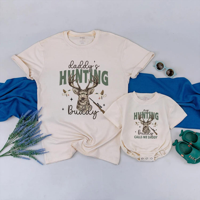 Daddy’s Hunting Buddy Baby Outfit with Deer Antlers and Rifle Design Matching Father Son Rustic Bodysuit for Hunting Dad Gift