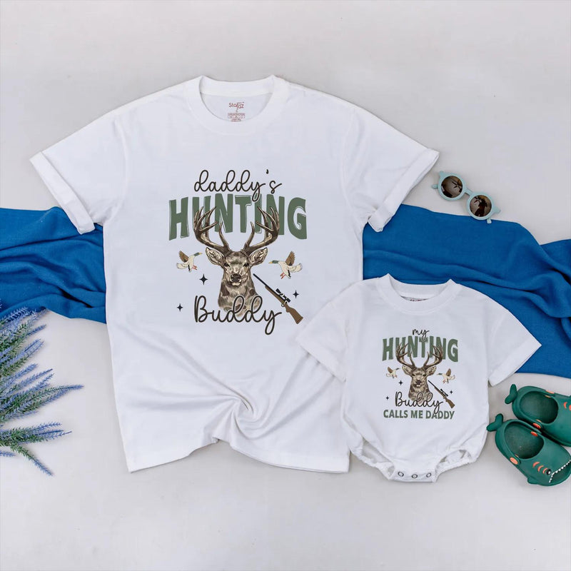 Daddy’s Hunting Buddy Baby Outfit with Deer Antlers and Rifle Design Matching Father Son Rustic Bodysuit for Hunting Dad Gift