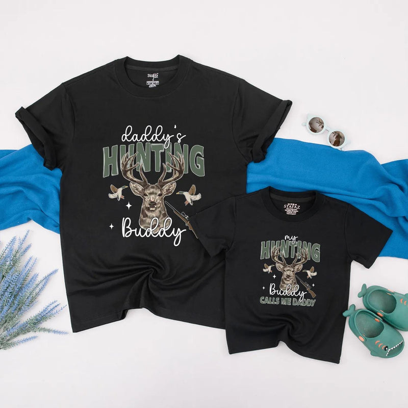 Daddy’s Hunting Buddy Baby Outfit with Deer Antlers and Rifle Design Matching Father Son Rustic Bodysuit for Hunting Dad Gift