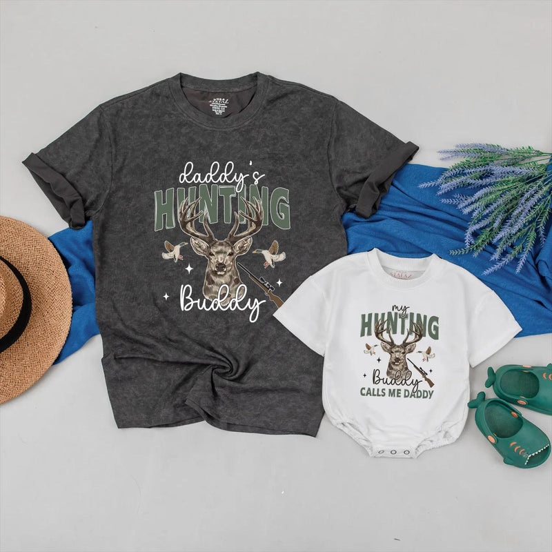 Daddy’s Hunting Buddy Baby Outfit with Deer Antlers and Rifle Design Matching Father Son Rustic Bodysuit for Hunting Dad Gift