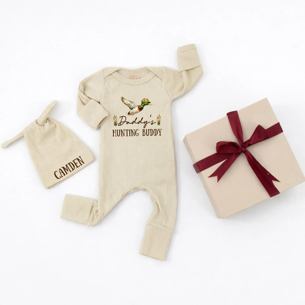 Daddy's Hunting Buddy Personalized Baby Romper with Mallard Duck Design, Newborn Outfit with Name, Soft Ribbed Infant Set and Hat