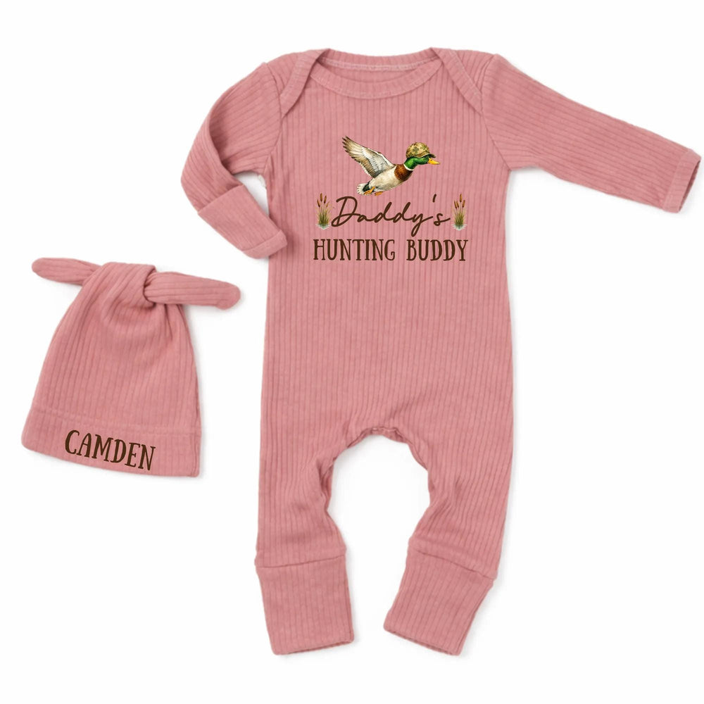 Daddy's Hunting Buddy Personalized Baby Romper with Mallard Duck Design, Newborn Outfit with Name, Soft Ribbed Infant Set and Hat
