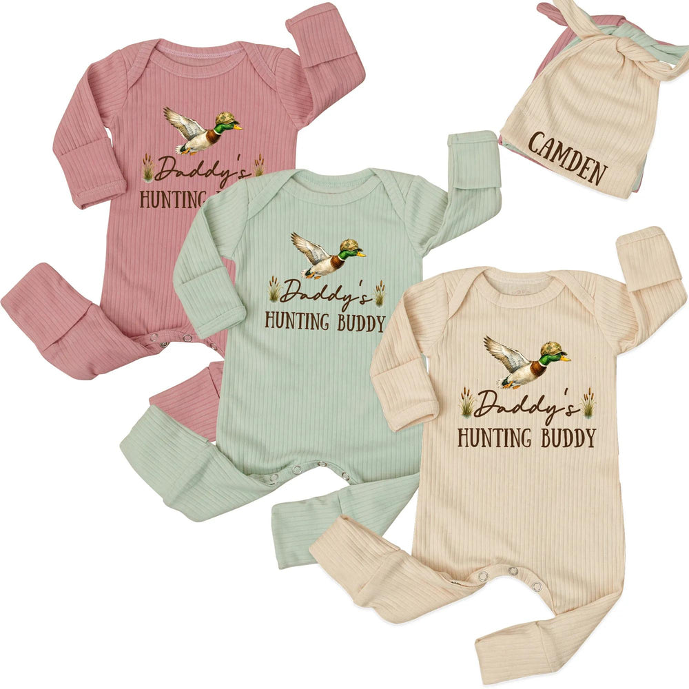 Daddy's Hunting Buddy Personalized Baby Romper with Mallard Duck Design, Newborn Outfit with Name, Soft Ribbed Infant Set and Hat