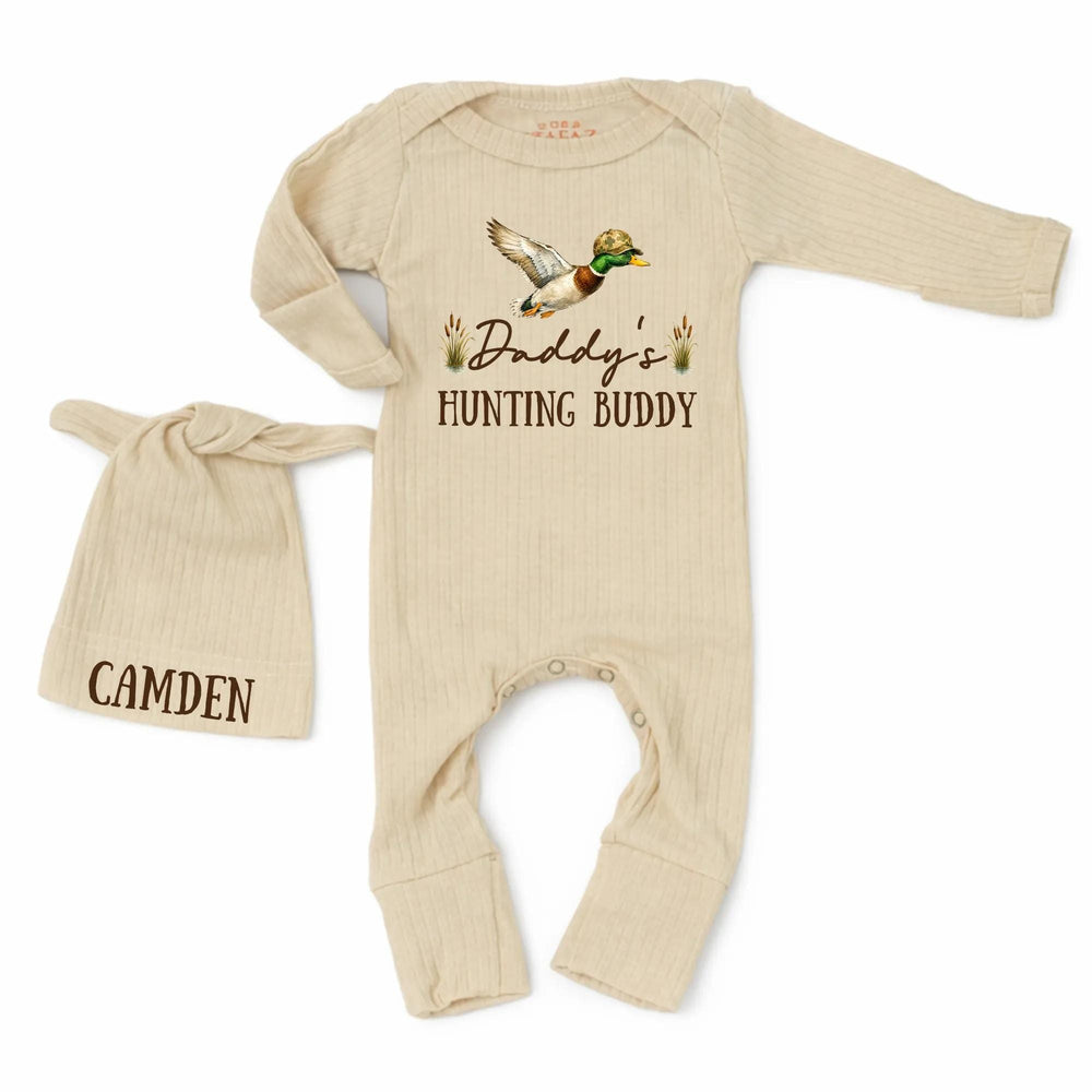 Daddy's Hunting Buddy Personalized Baby Romper with Mallard Duck Design, Newborn Outfit with Name, Soft Ribbed Infant Set and Hat