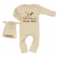 Daddy's Hunting Buddy Personalized Baby Romper with Mallard Duck Design, Newborn Outfit with Name, Soft Ribbed Infant Set and Hat