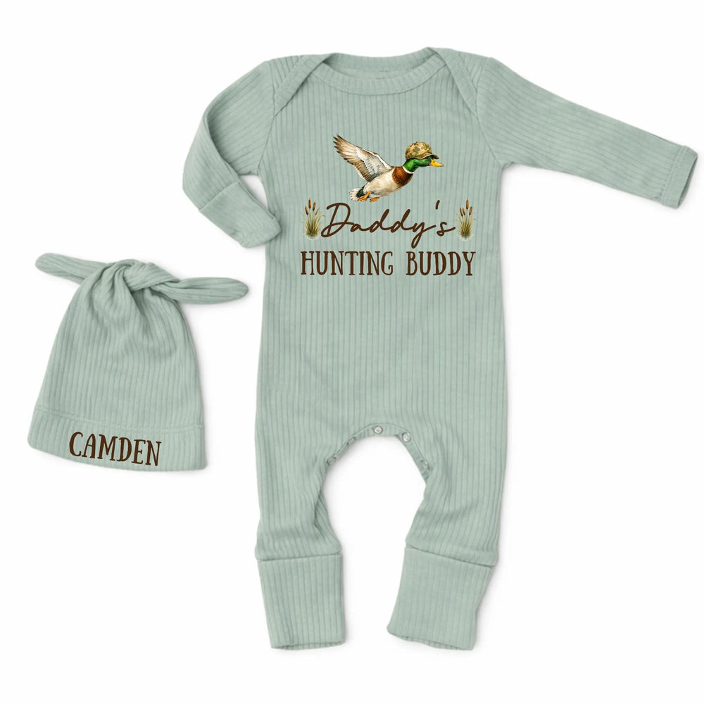 Daddy's Hunting Buddy Personalized Baby Romper with Mallard Duck Design, Newborn Outfit with Name, Soft Ribbed Infant Set and Hat