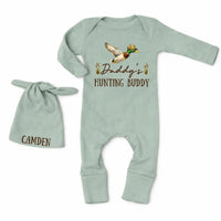 Daddy's Hunting Buddy Personalized Baby Romper with Mallard Duck Design, Newborn Outfit with Name, Soft Ribbed Infant Set and Hat