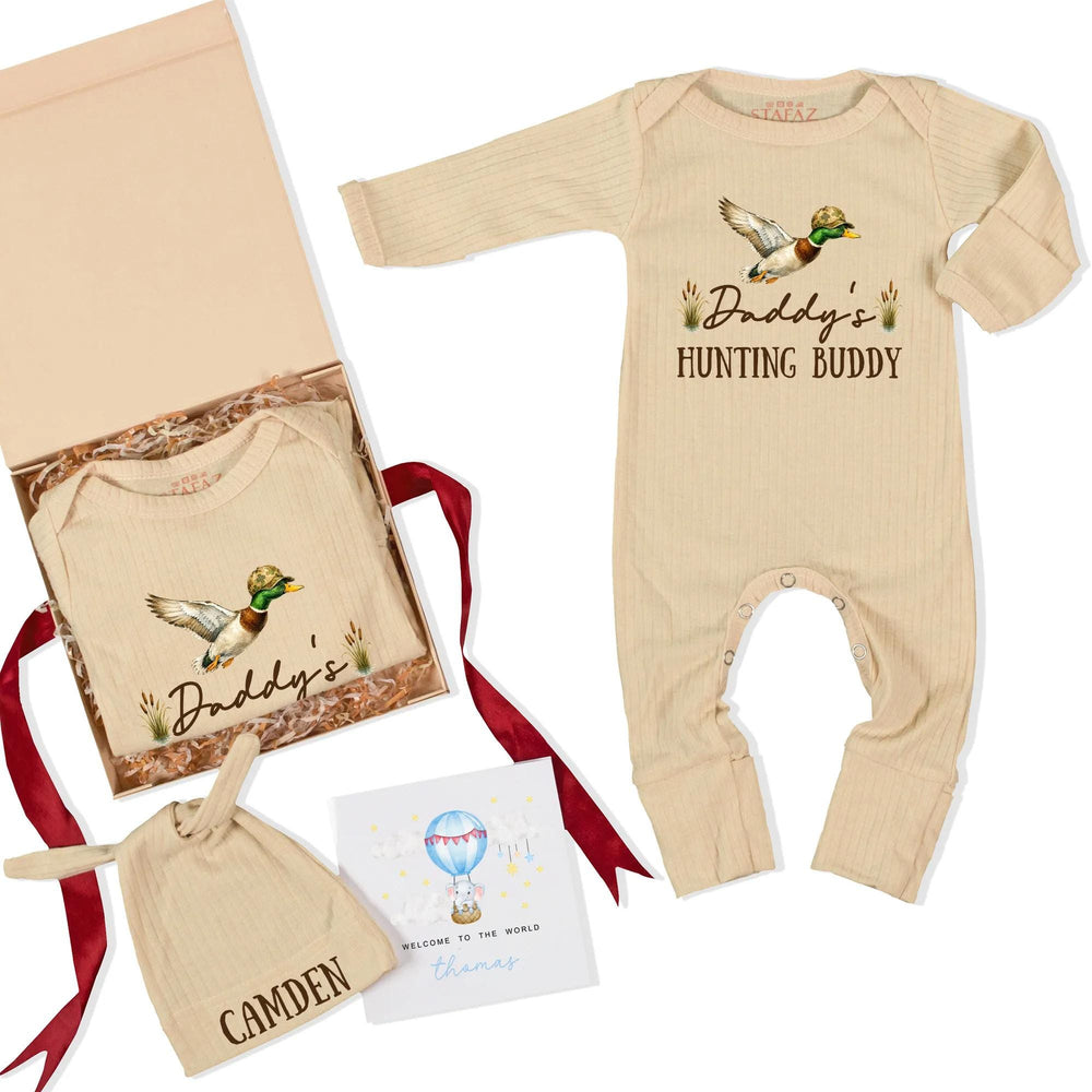 Daddy's Hunting Buddy Personalized Baby Romper with Mallard Duck Design, Newborn Outfit with Name, Soft Ribbed Infant Set and Hat