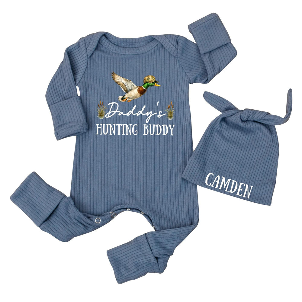 Daddy's Hunting Buddy Personalized Baby Romper with Mallard Duck Design, Newborn Outfit with Name, Soft Ribbed Infant Set and Hat