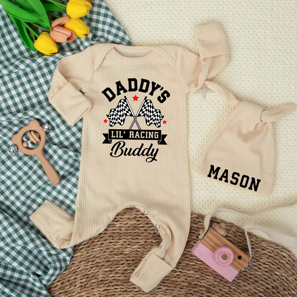 Daddy's Lil' Racing Buddy Baby Bodysuit with Custom Name Hat Vintage Race Car Romper Infant Outfit Checkered Flags Baby Shower Gift
