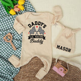 Daddy's Lil' Racing Buddy Baby Bodysuit with Custom Name Hat Vintage Race Car Romper Infant Outfit Checkered Flags Baby Shower Gift