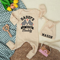 Daddy's Lil' Racing Buddy Baby Bodysuit with Custom Name Hat Vintage Race Car Romper Infant Outfit Checkered Flags Baby Shower Gift