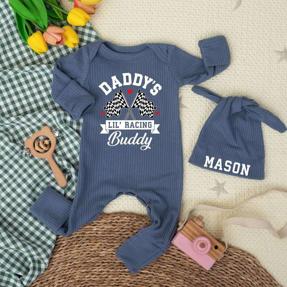 Daddy's Lil' Racing Buddy Baby Bodysuit with Custom Name Hat Vintage Race Car Romper Infant Outfit Checkered Flags Baby Shower Gift