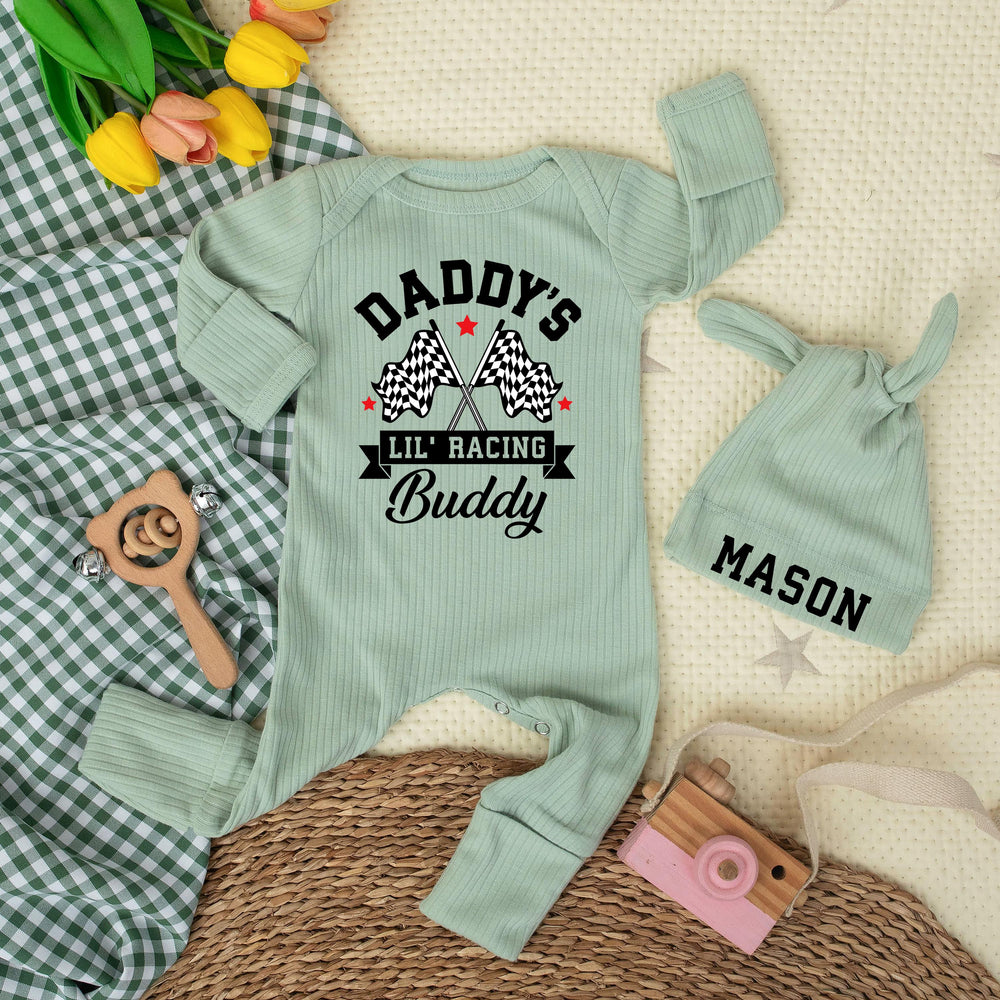 Daddy's Lil' Racing Buddy Baby Bodysuit with Custom Name Hat Vintage Race Car Romper Infant Outfit Checkered Flags Baby Shower Gift