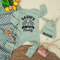 Daddy's Lil' Racing Buddy Baby Bodysuit with Custom Name Hat Vintage Race Car Romper Infant Outfit Checkered Flags Baby Shower Gift