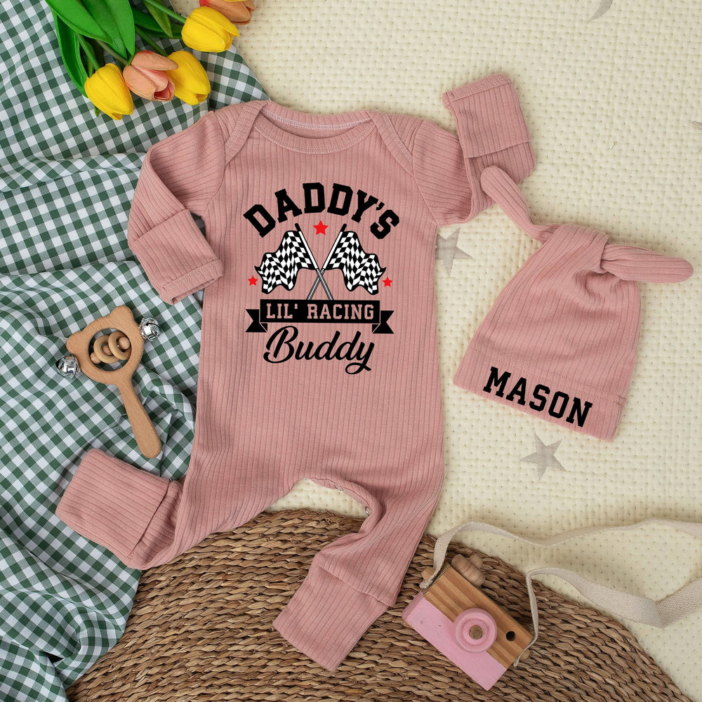 Daddy's Lil' Racing Buddy Baby Bodysuit with Custom Name Hat Vintage Race Car Romper Infant Outfit Checkered Flags Baby Shower Gift