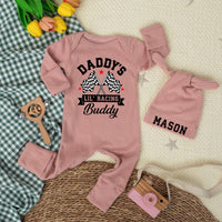 Daddy's Lil' Racing Buddy Baby Bodysuit with Custom Name Hat Vintage Race Car Romper Infant Outfit Checkered Flags Baby Shower Gift