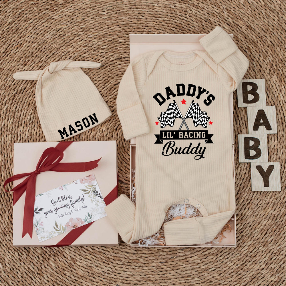 Daddy's Lil' Racing Buddy Baby Bodysuit with Custom Name Hat Vintage Race Car Romper Infant Outfit Checkered Flags Baby Shower Gift