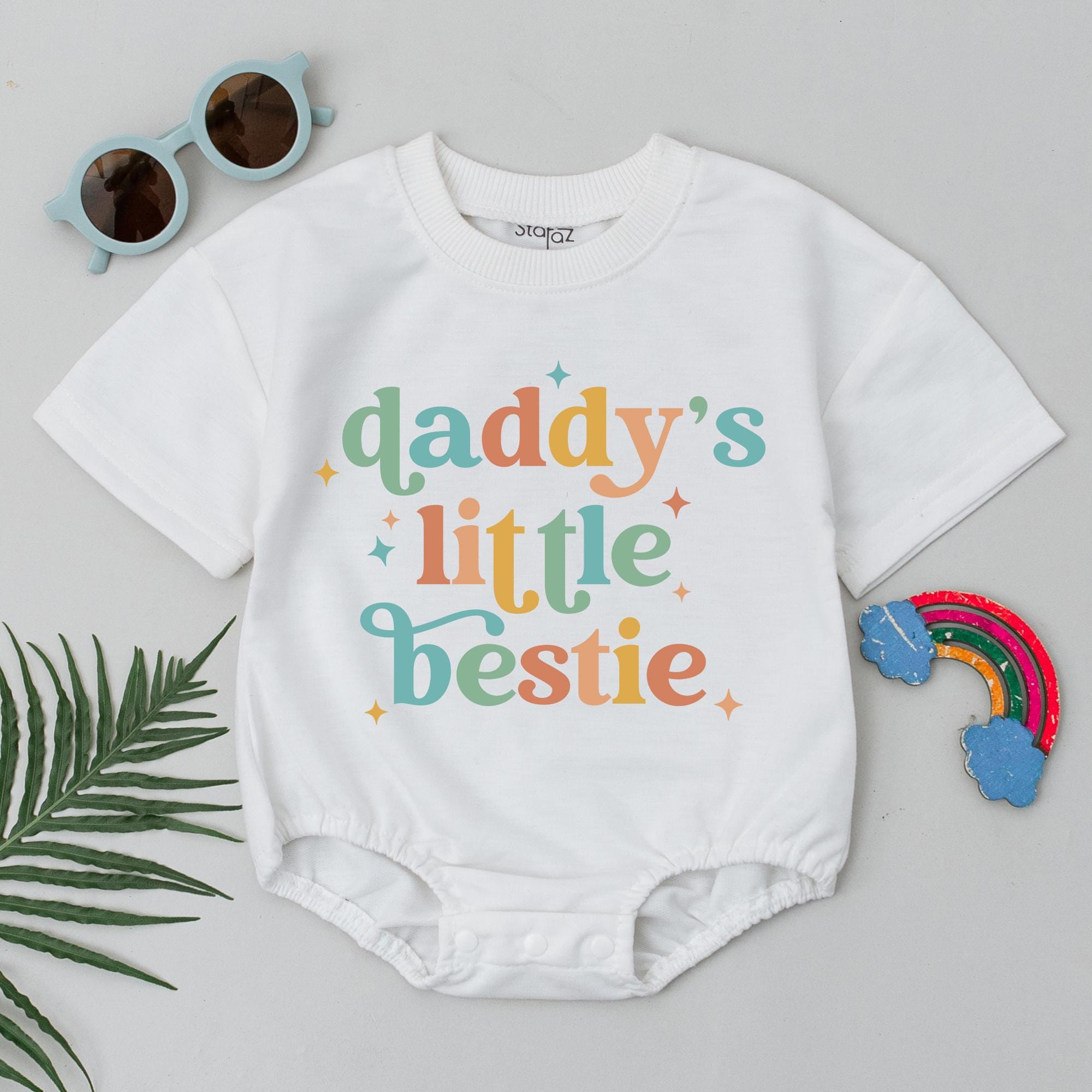 Daddy’s Little Bestie Baby Romper Retro First Father’s Day Gift Soft Cotton Outfit for Newborn Baby Girl Boy Vintage Shower Present
