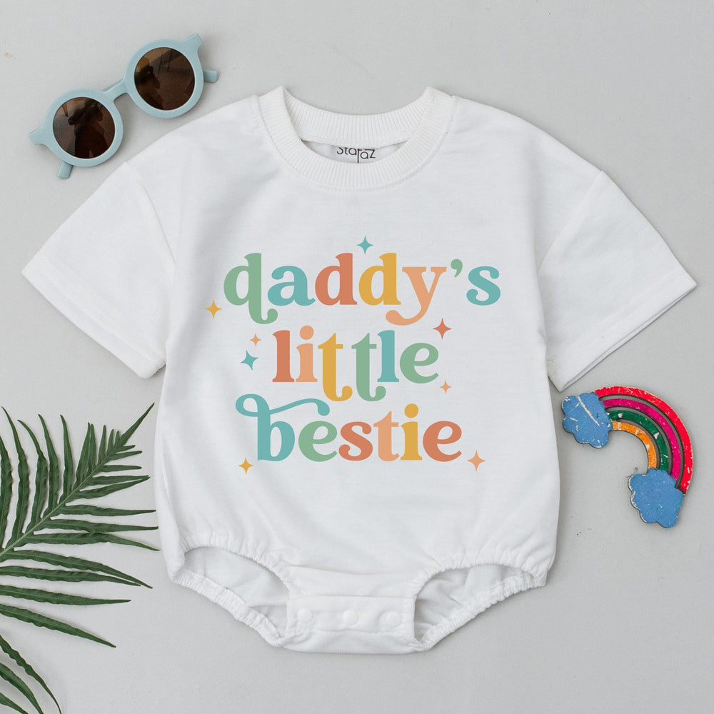 Daddy’s Little Bestie Baby Romper Retro First Father’s Day Gift Soft Cotton Outfit for Newborn Baby Girl Boy Vintage Shower Present