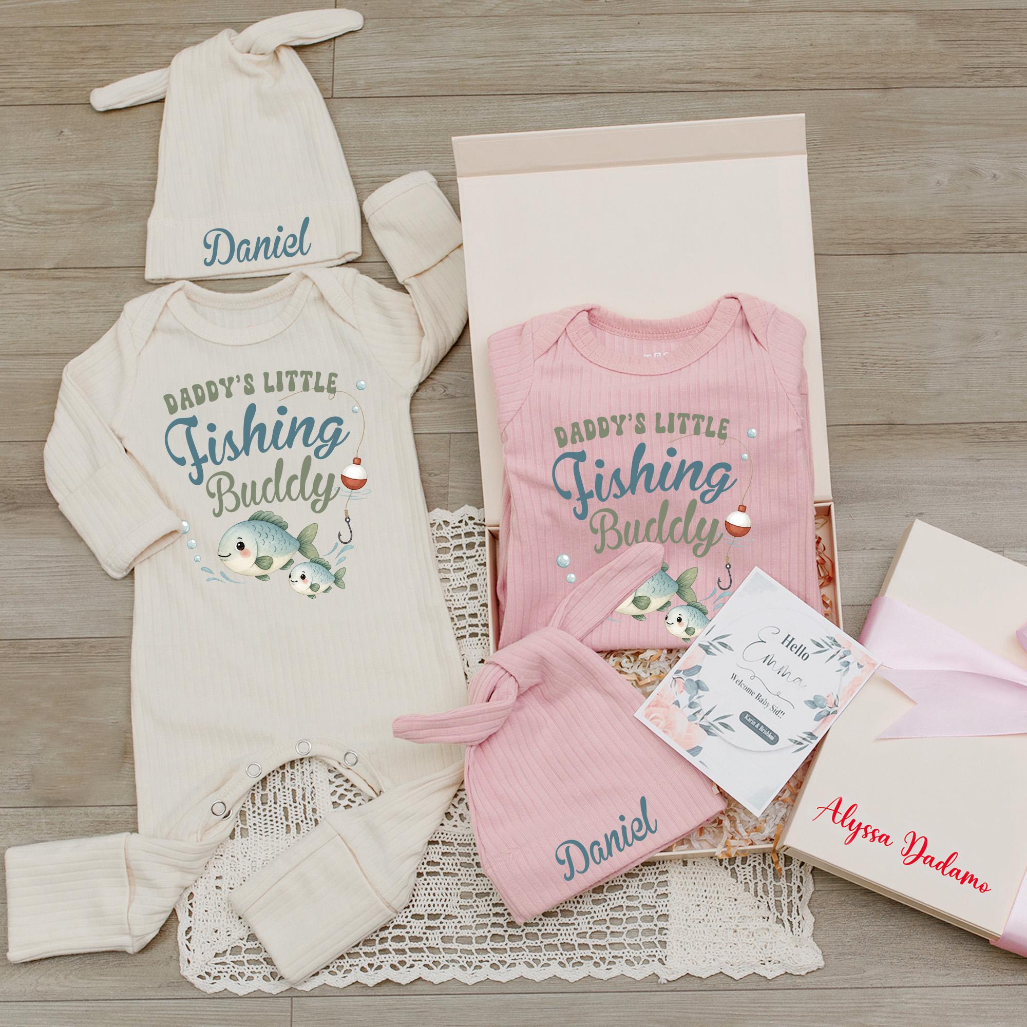 Daddy's Little Fishing Buddy Baby Romper with Cute Fish Graphic and Name Hat, Newborn Coming Home Outfit or Baby Shower Gift