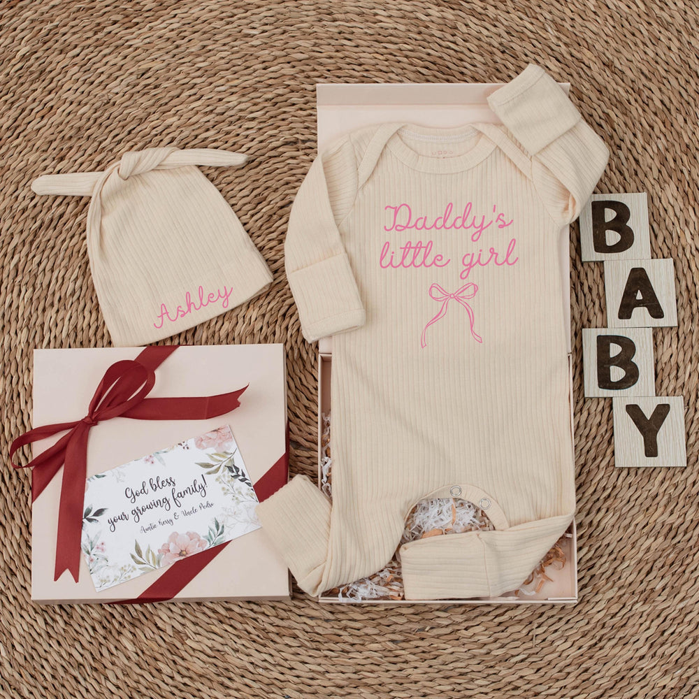 Daddy's Little Girl Baby Bodysuit and Hat Personalized with Ashley Pink Bow Design Infant Girl Outfit Sweet Newborn Gift for Baby Shower