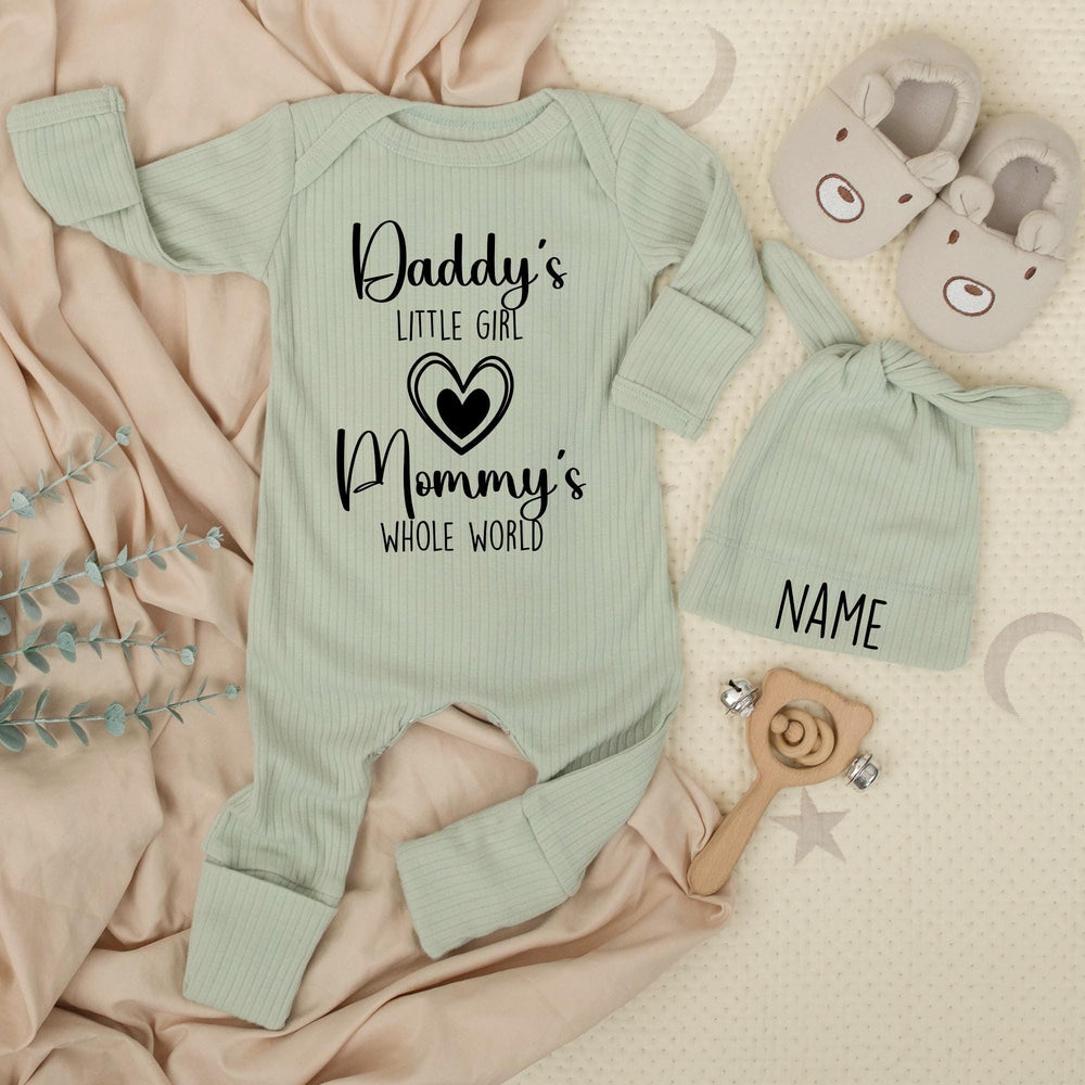 Daddy's Little Girl Mommy's Whole World Newborn Bodysuit and Hat Set Custom Baby Outfit Pregnancy Reveal Gift Coming Home Clothes
