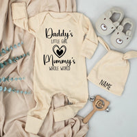 Daddy's Little Girl Mommy's Whole World Newborn Bodysuit and Hat Set Custom Baby Outfit Pregnancy Reveal Gift Coming Home Clothes