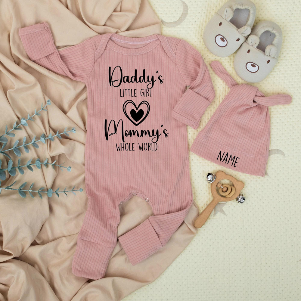 Daddy's Little Girl Mommy's Whole World Newborn Bodysuit and Hat Set Custom Baby Outfit Pregnancy Reveal Gift Coming Home Clothes