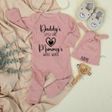 Daddy's Little Girl Mommy's Whole World Newborn Bodysuit and Hat Set Custom Baby Outfit Pregnancy Reveal Gift Coming Home Clothes