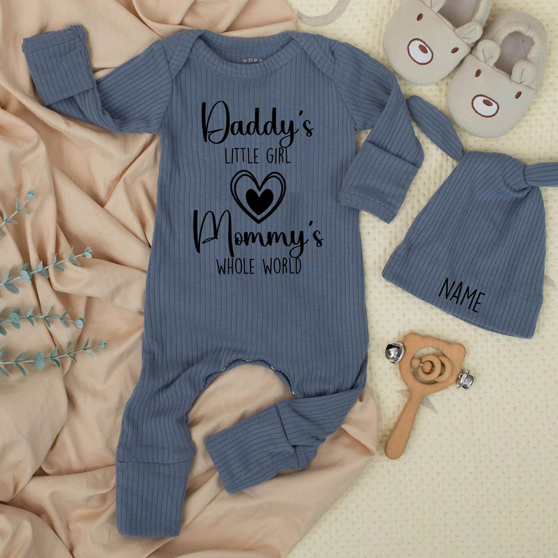 Daddy's Little Girl Mommy's Whole World Newborn Bodysuit and Hat Set Custom Baby Outfit Pregnancy Reveal Gift Coming Home Clothes