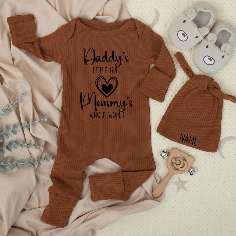 Daddy's Little Girl Mommy's Whole World Newborn Bodysuit and Hat Set Custom Baby Outfit Pregnancy Reveal Gift Coming Home Clothes