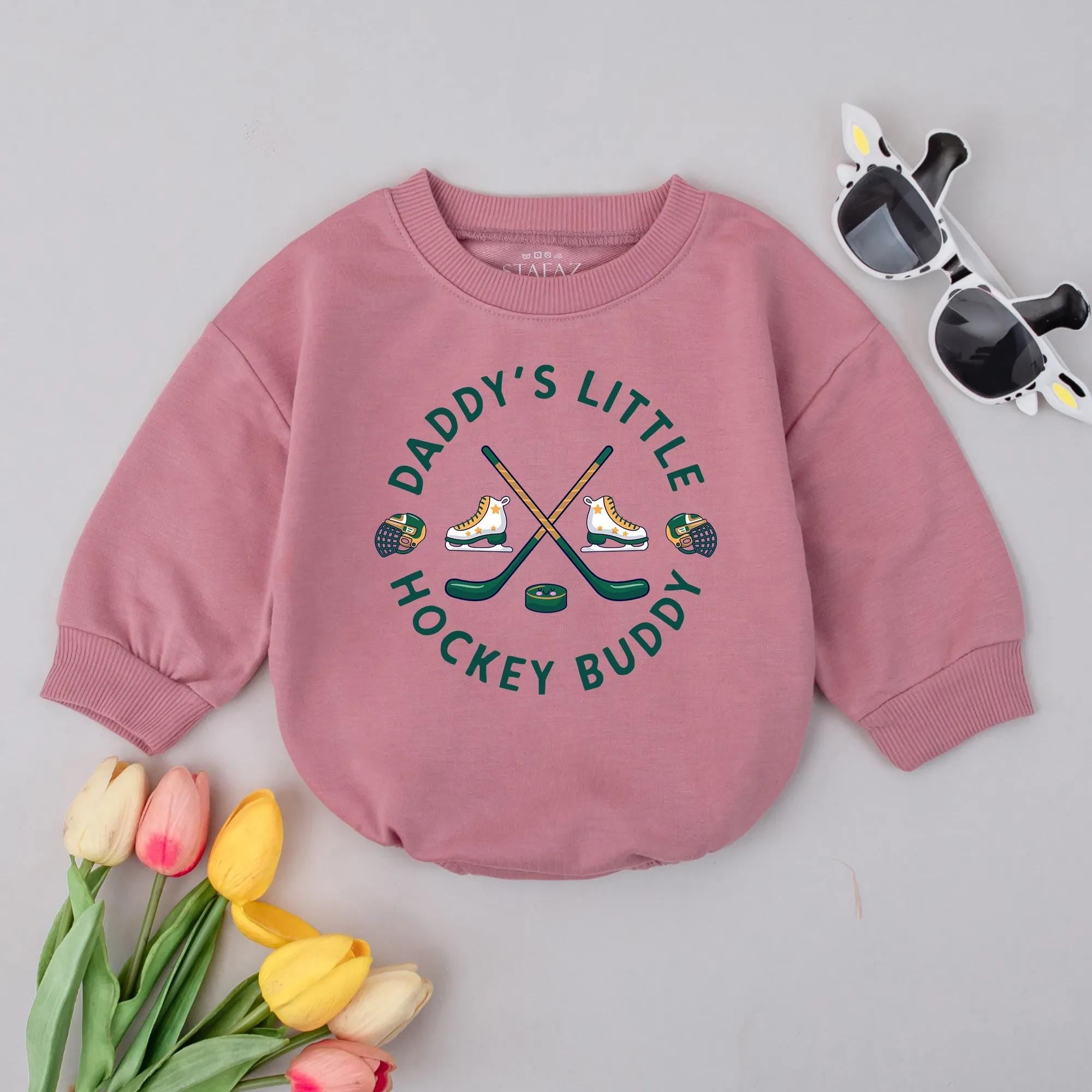 Daddy’s Little Hockey Buddy Romper Future Player Outfit Soft Baby Clothes Fun Green Skates Puck Gift for Boys Sporty Design