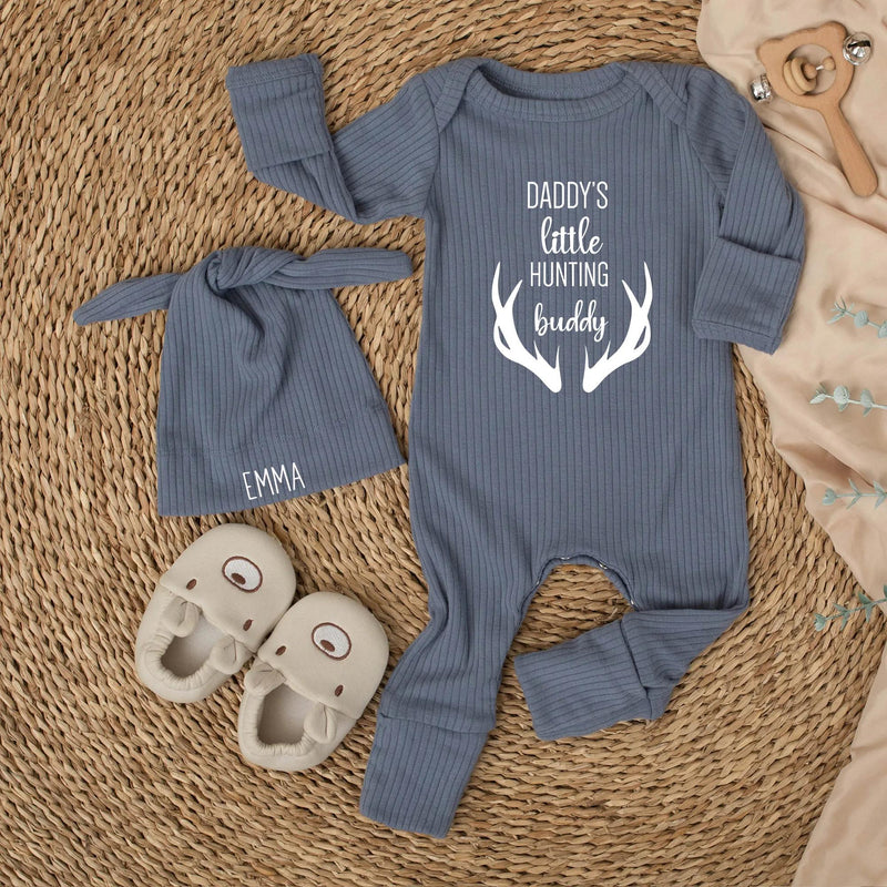 Daddy's Little Hunting Buddy Baby Bodysuit with Custom Name Hat, Newborn Hunting Outfit Boy Girl, Rustic Deer Antlers Baby Clothes Gift