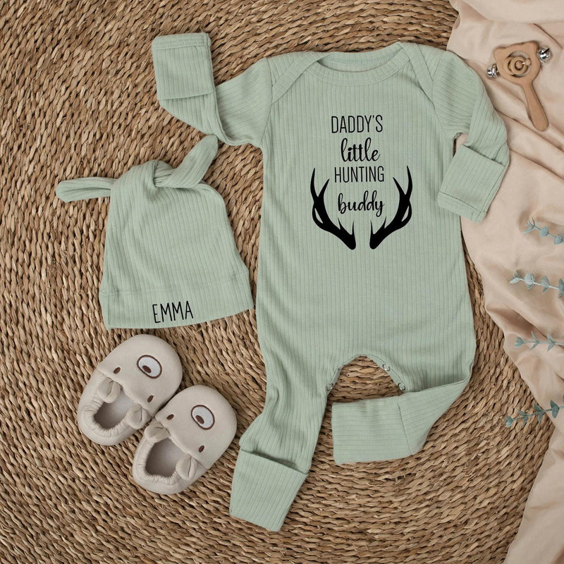 Daddy's Little Hunting Buddy Baby Bodysuit with Custom Name Hat, Newborn Hunting Outfit Boy Girl, Rustic Deer Antlers Baby Clothes Gift