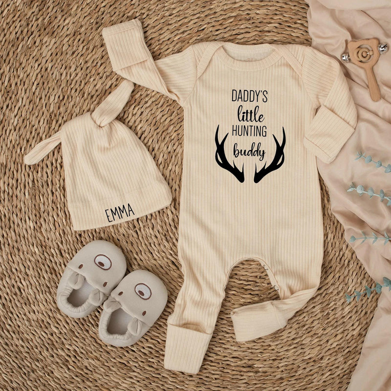 Daddy's Little Hunting Buddy Baby Bodysuit with Custom Name Hat, Newborn Hunting Outfit Boy Girl, Rustic Deer Antlers Baby Clothes Gift