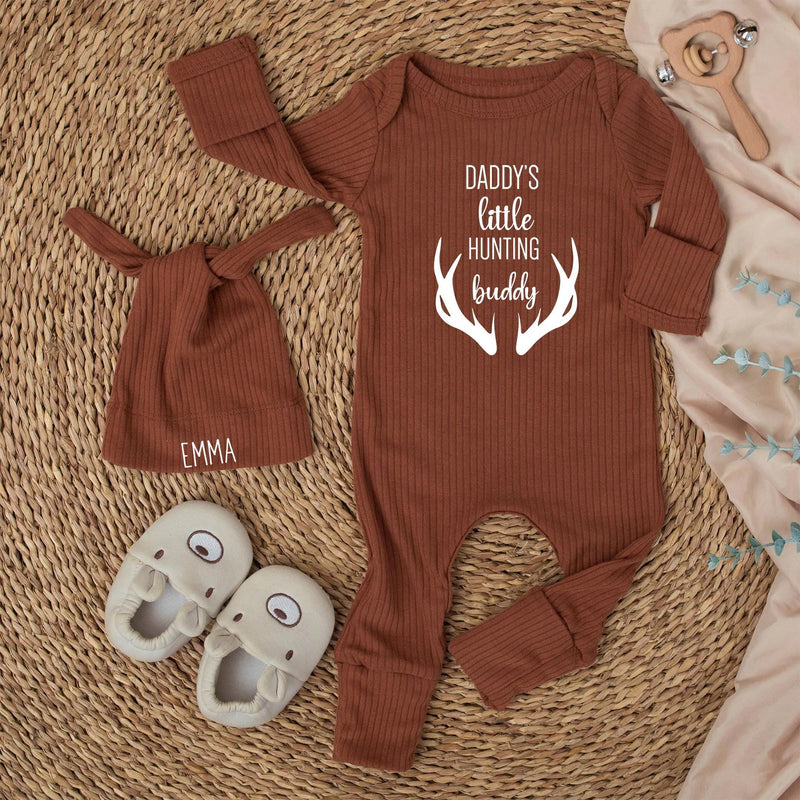 Daddy's Little Hunting Buddy Baby Bodysuit with Custom Name Hat, Newborn Hunting Outfit Boy Girl, Rustic Deer Antlers Baby Clothes Gift