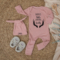Daddy's Little Hunting Buddy Baby Bodysuit with Custom Name Hat, Newborn Hunting Outfit Boy Girl, Rustic Deer Antlers Baby Clothes Gift