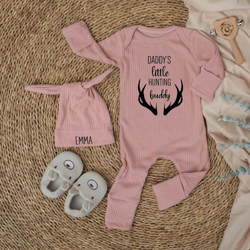 Daddy's Little Hunting Buddy Baby Bodysuit with Custom Name Hat, Newborn Hunting Outfit Boy Girl, Rustic Deer Antlers Baby Clothes Gift