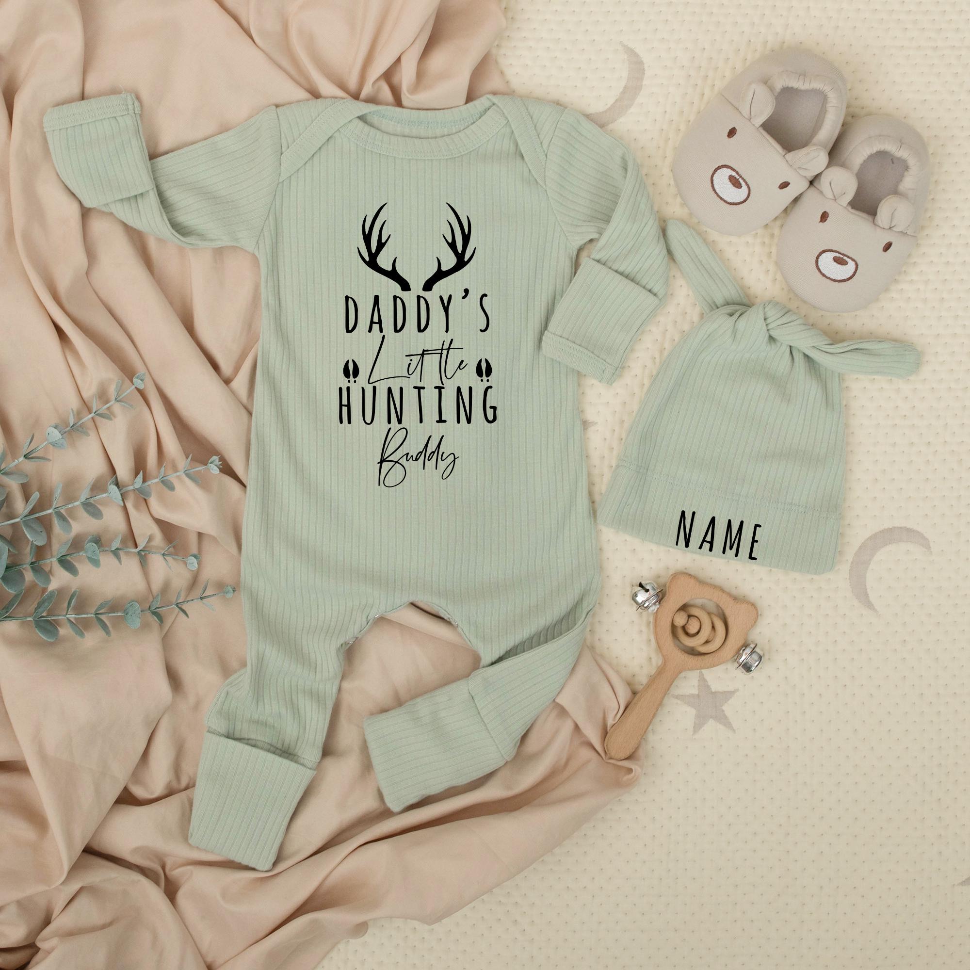 Daddy's Little Hunting Buddy Baby Outfit with Custom Hat Name, Cute Newborn Bodysuit and Cap Set, Baby Shower Gift, Rustic Hunting Theme