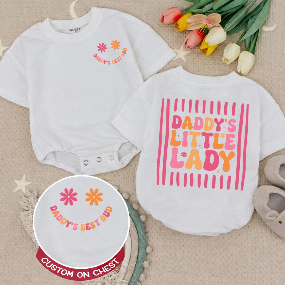Daddy's Little Lady Retro Romper with Smiley Face Baby Girl Outfit 70s-Inspired Infant Clothes Soft Cotton Pink Orange Toddler Gift