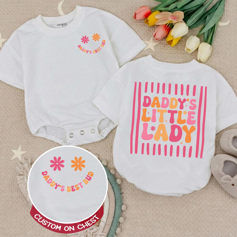 Daddy's Little Lady Retro Romper with Smiley Face Baby Girl Outfit 70s-Inspired Infant Clothes Soft Cotton Pink Orange Toddler Gift