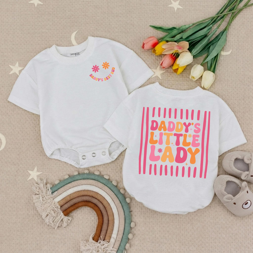 Daddy's Little Lady Retro Romper with Smiley Face Baby Girl Outfit 70s-Inspired Infant Clothes Soft Cotton Pink Orange Toddler Gift