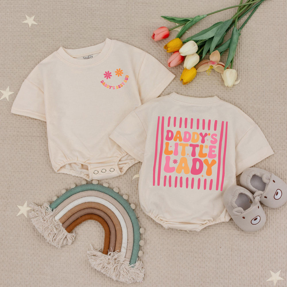 Daddy's Little Lady Retro Romper with Smiley Face Baby Girl Outfit 70s-Inspired Infant Clothes Soft Cotton Pink Orange Toddler Gift