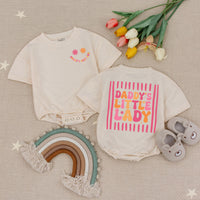 Daddy's Little Lady Retro Romper with Smiley Face Baby Girl Outfit 70s-Inspired Infant Clothes Soft Cotton Pink Orange Toddler Gift