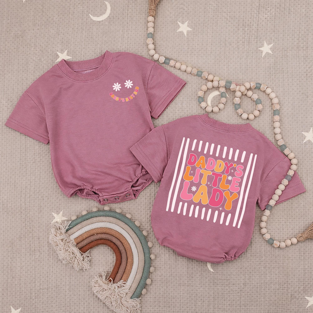 Daddy's Little Lady Retro Romper with Smiley Face Baby Girl Outfit 70s-Inspired Infant Clothes Soft Cotton Pink Orange Toddler Gift