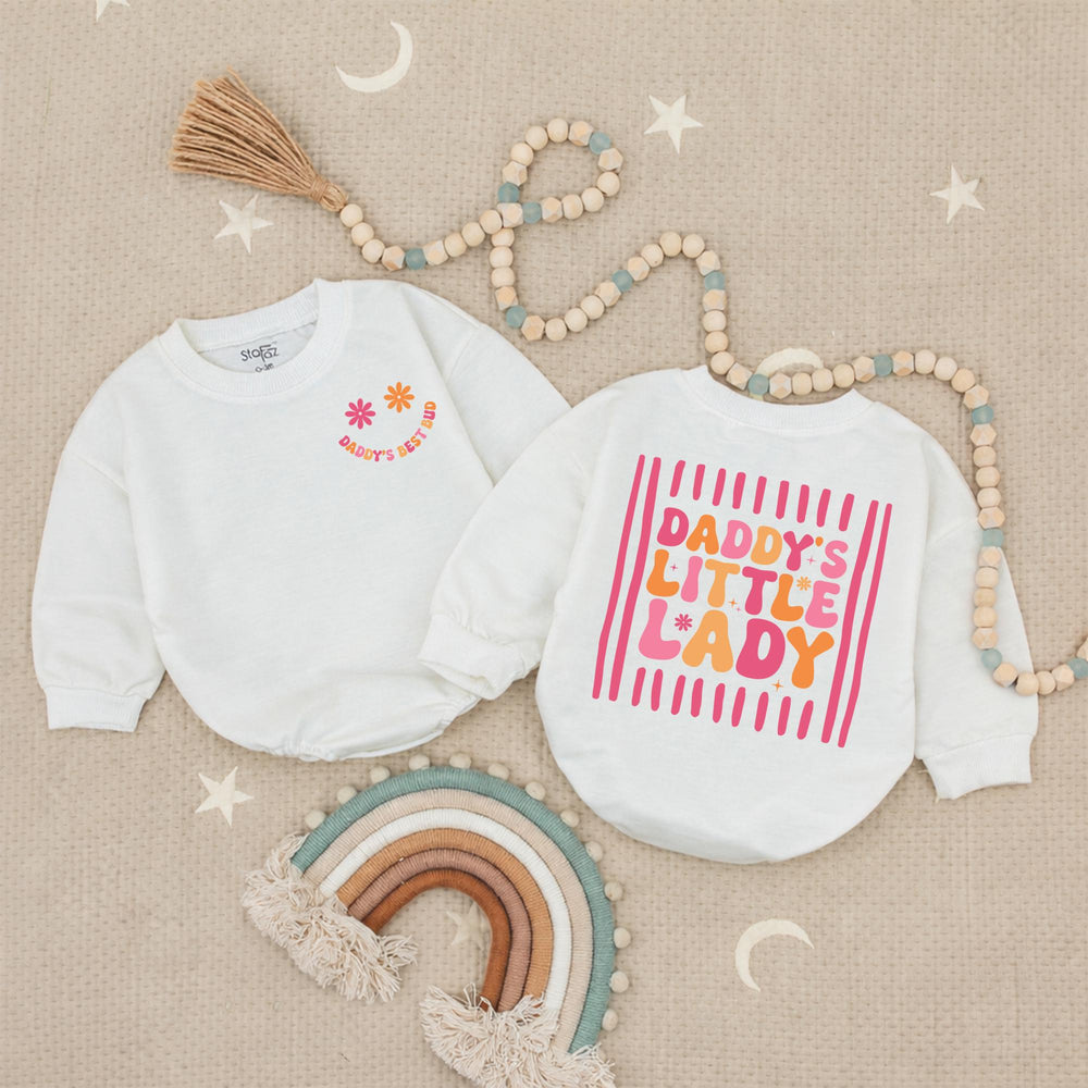 Daddy's Little Lady Retro Romper with Smiley Face Baby Girl Outfit 70s-Inspired Infant Clothes Soft Cotton Pink Orange Toddler Gift