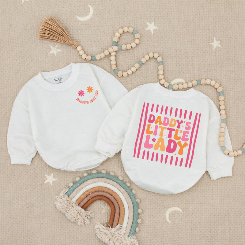 Daddy's Little Lady Retro Romper with Smiley Face Baby Girl Outfit 70s-Inspired Infant Clothes Soft Cotton Pink Orange Toddler Gift