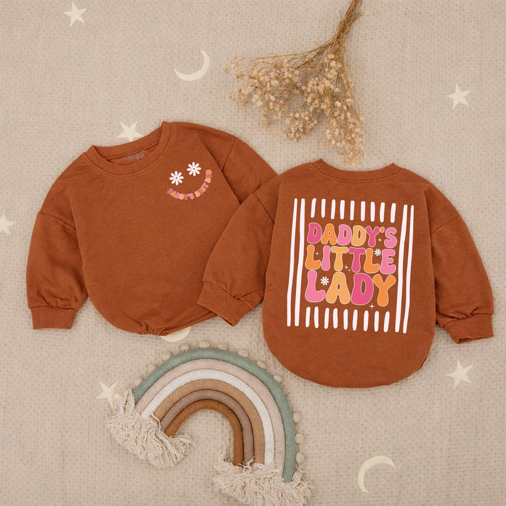 Daddy's Little Lady Retro Romper with Smiley Face Baby Girl Outfit 70s-Inspired Infant Clothes Soft Cotton Pink Orange Toddler Gift